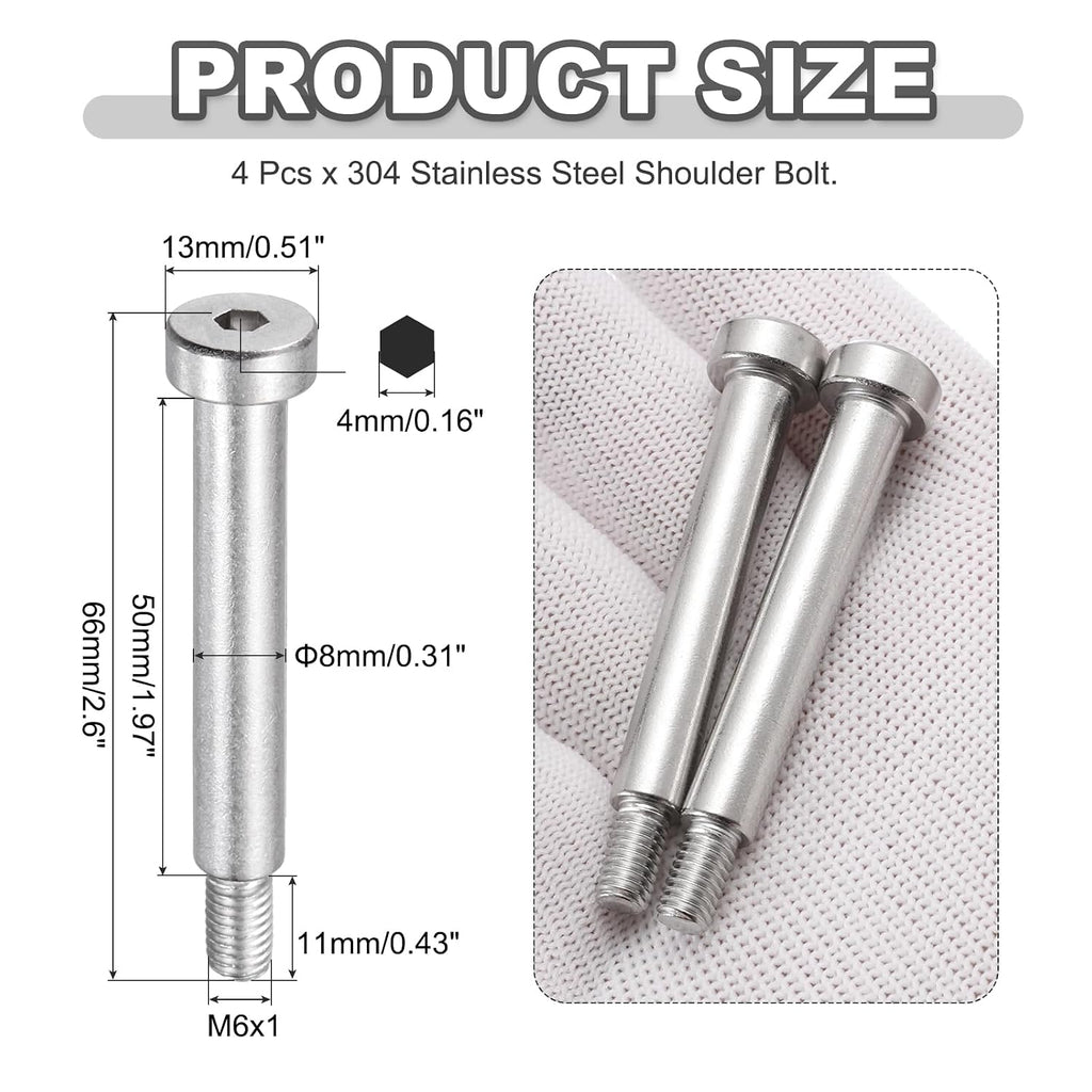 MECCANIXITY 4 Pcs 304 Stainless Steel Shoulder Bolt 8mm Shoulder Dia 50mm Shoulder Length M6x1 Thread Hex Socket Shoulder Bolts for Hydraulic Injection Molding Machinery Industries