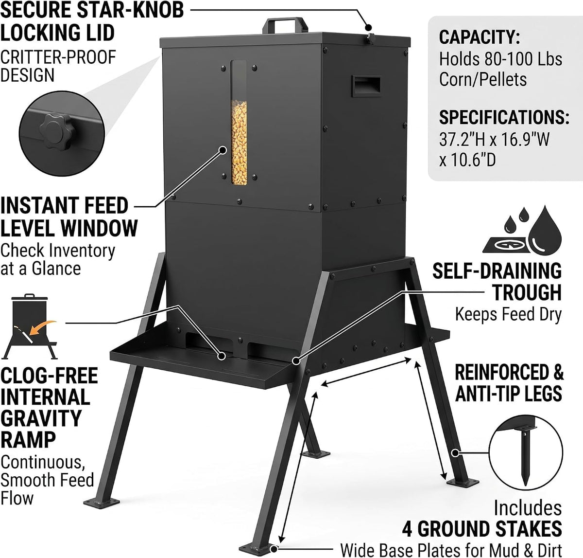 Metal Gravity Deer Feeder, 80-100 Lbs Capacity