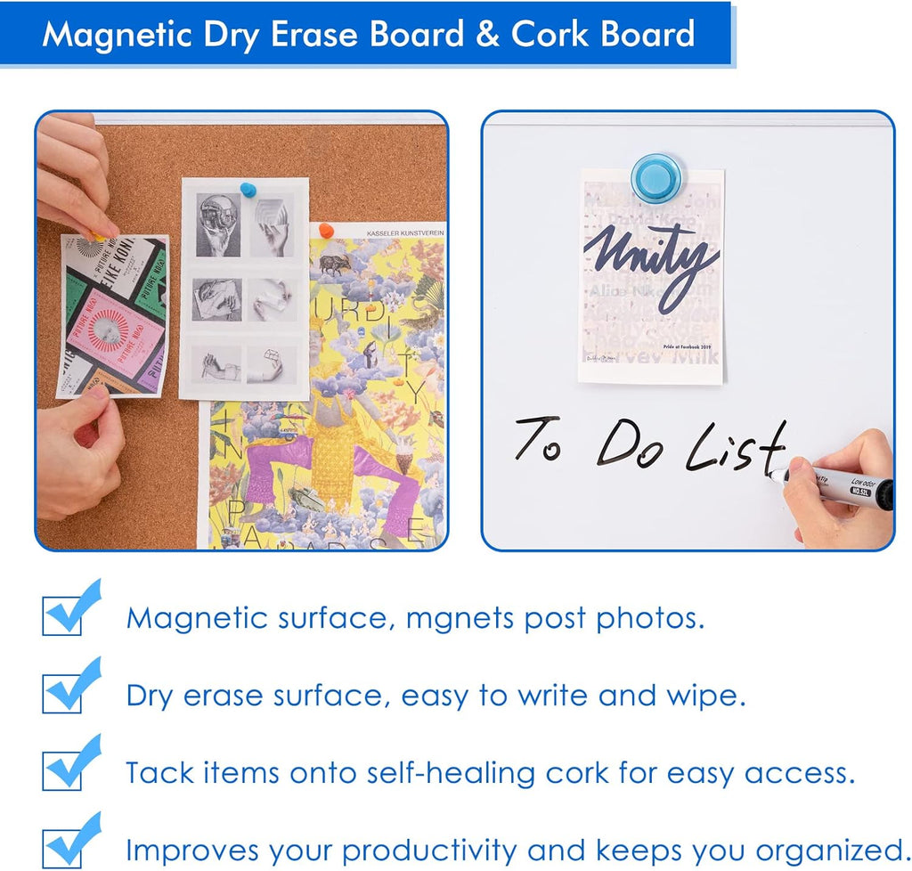 Magnetic White Board and Cork Board Combo, 24 X 18 inches Whiteboard Bulletin Combination Board, Wall Mounted Dry