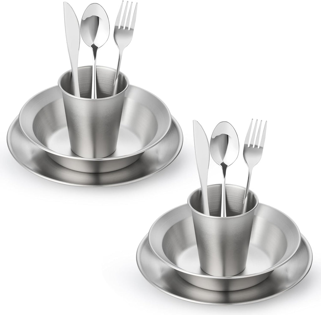 Stainless Steel Camping Mess Kit for 1-4 People,All-in-One Camping Cookware & Tableware Set with Plates,Bowls