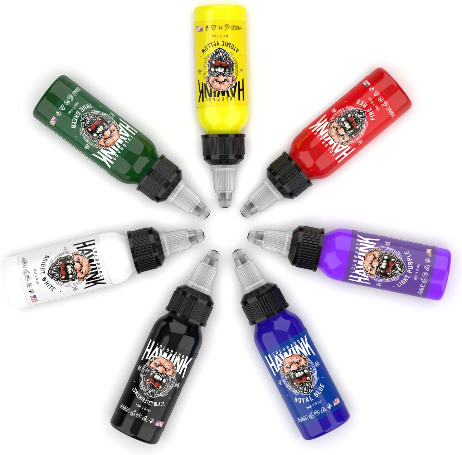 Tattoo Ink - 7 Color 1oz(30ml) Vegan-Friendly USA Standard Pigment Ink Professional Use, Organic, Vegan, Bold