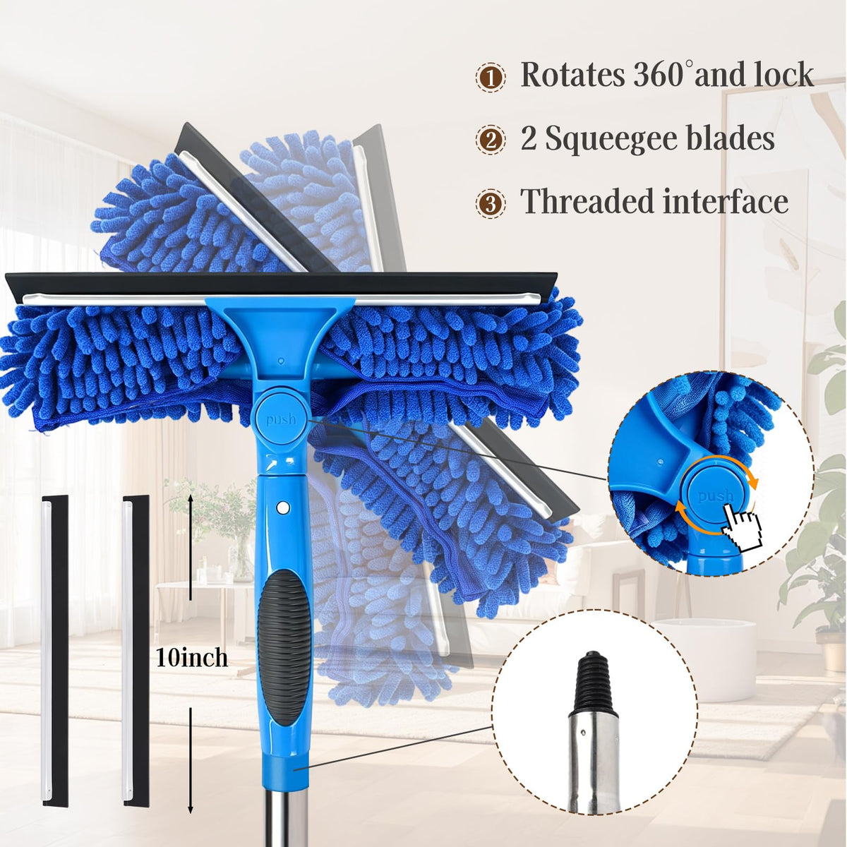 67" Window Squeegee for Window Cleaning with Extension Pole, 3-in-1