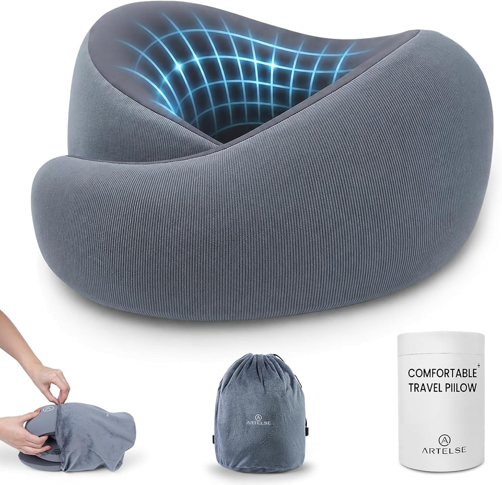 Travel Pillow for Airplane - Memory Foam Neck Travel Pillow with 360° Chin & Neck Support, Dual Raised Sides