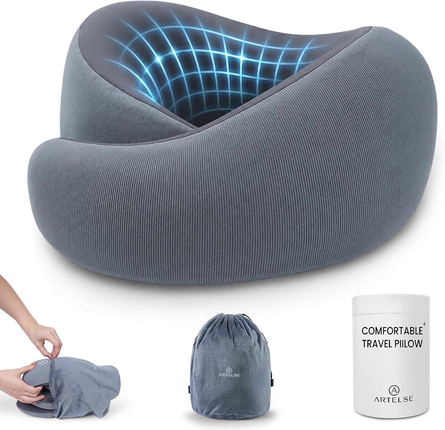 Travel Pillow for Airplane - Memory Foam Neck Travel Pillow with 360° Chin & Neck Support, Dual Raised Sides
