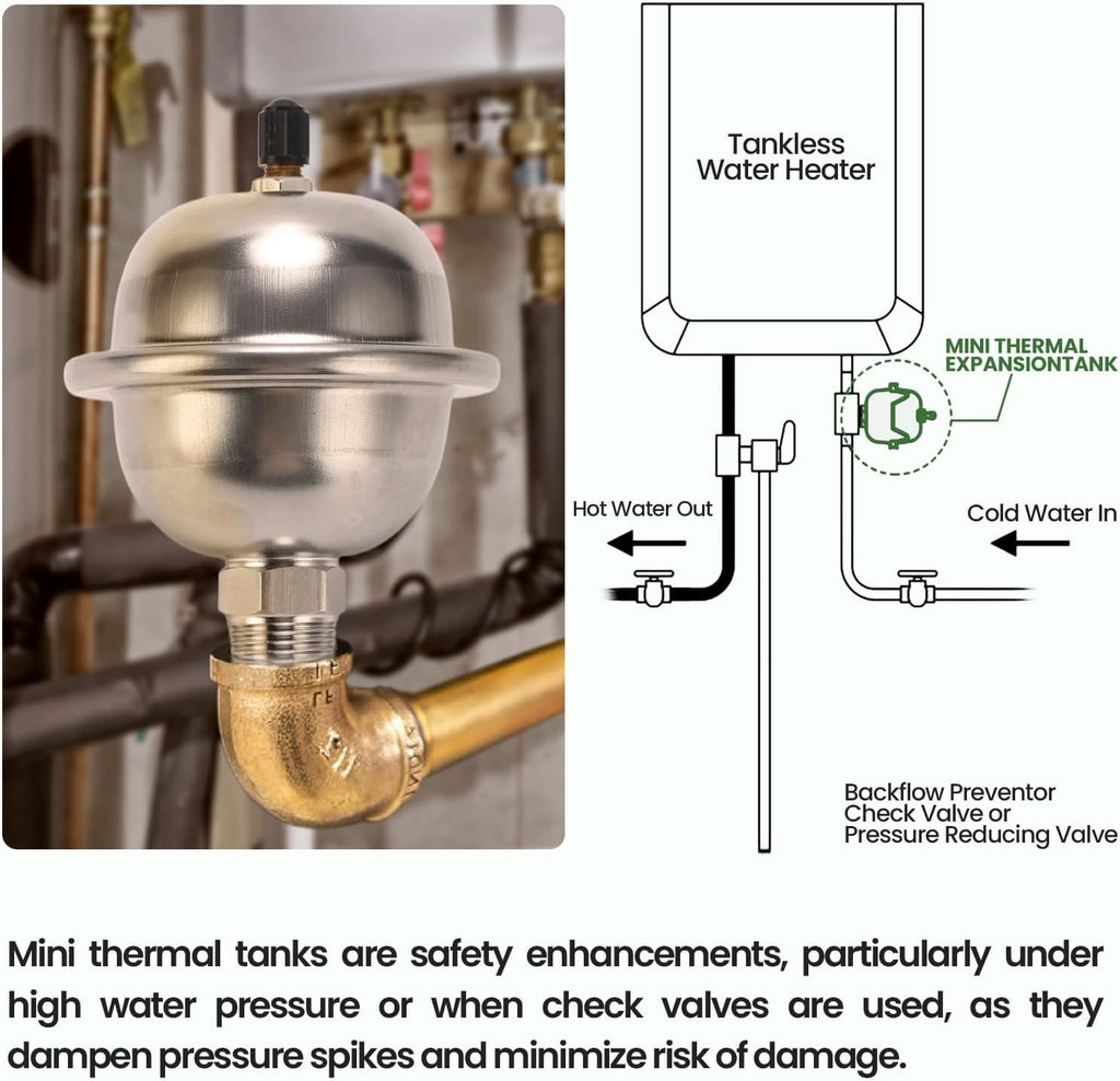 Mini Thermal Expansion Tank with 1/2" MIP Threaded Connection, Stainless Steel Hammer Arrestor for 2 Gallon