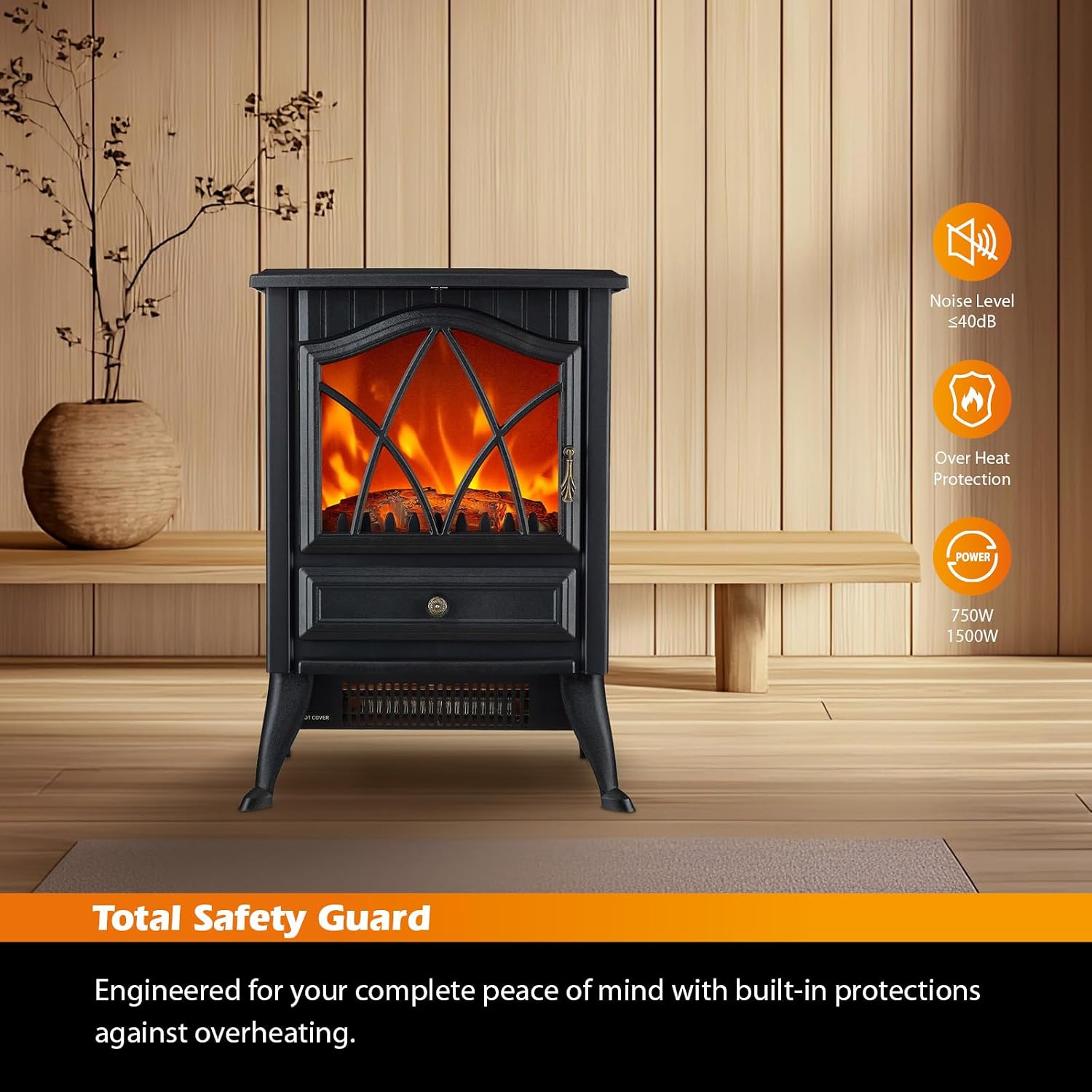 Freestanding Electric Fireplace Stove Heater, 1500W with Realistic 3D LED Flame Effect, Adjustable Brightness &