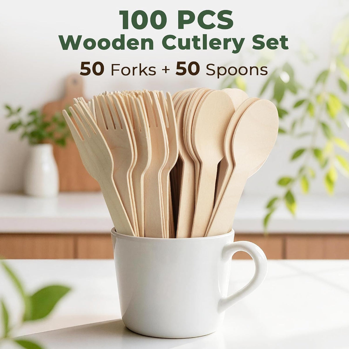 100 Wooden Disposable Cutlery Set, Compostable Forks and Spoons
