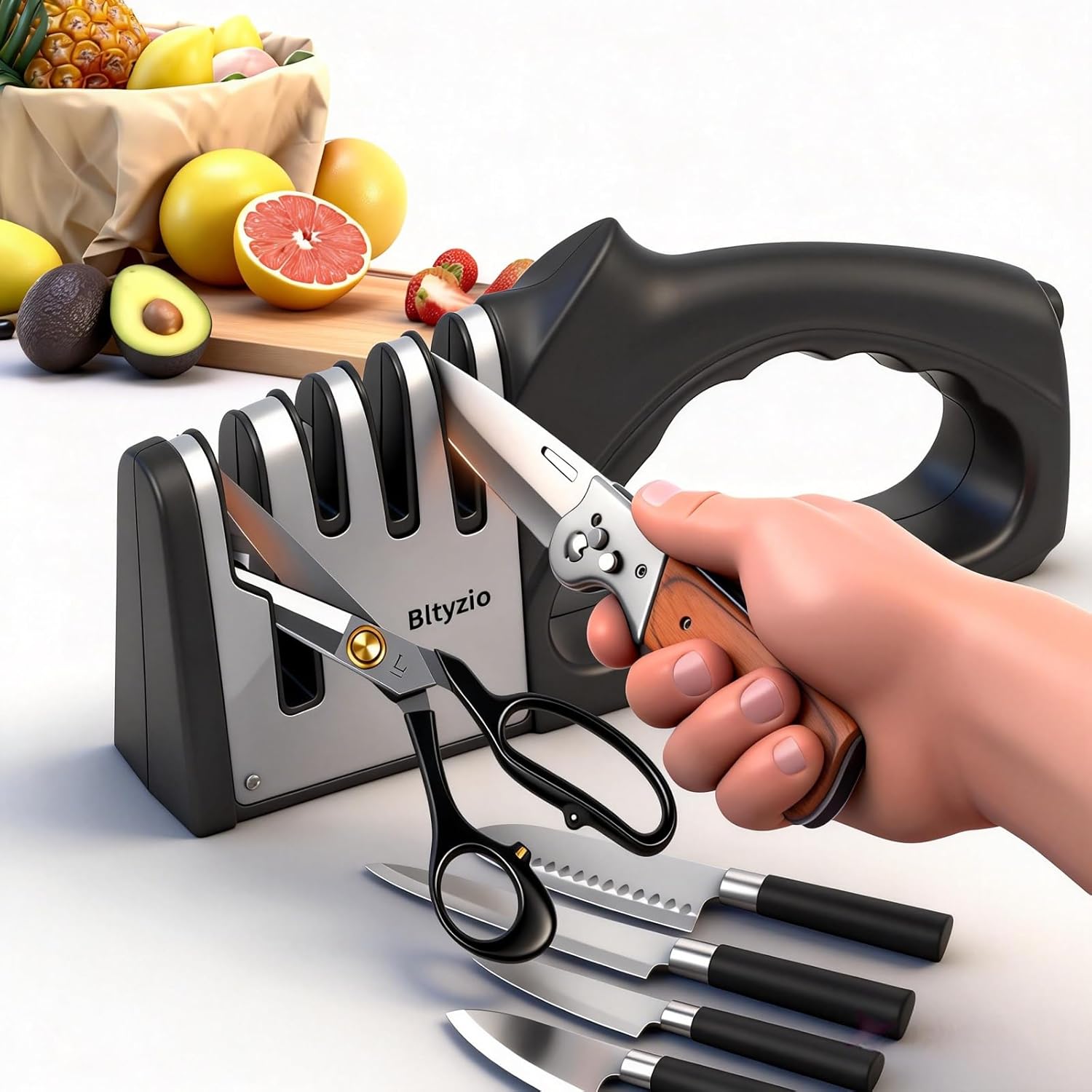 4-In-1 Manual Knife Sharpener for Kitchen Knives & Scissors, Professional Pull-Through Knife Sharpener with Tungsten