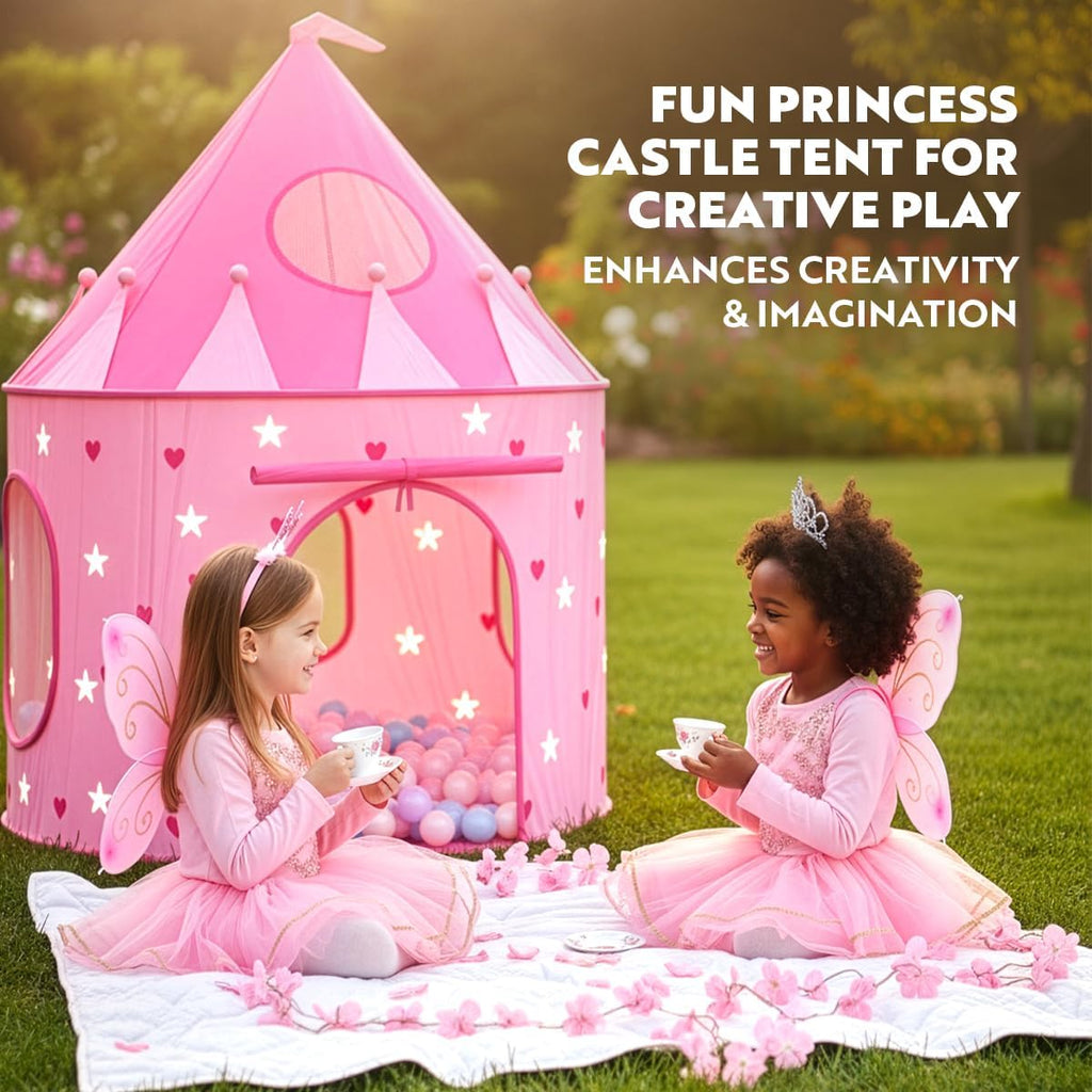 Princess Castle Pop Up Tent & Dress Up Set – Kids Pink Playhouse Tent for Girls with Glow in The Dark Stars, Foldable