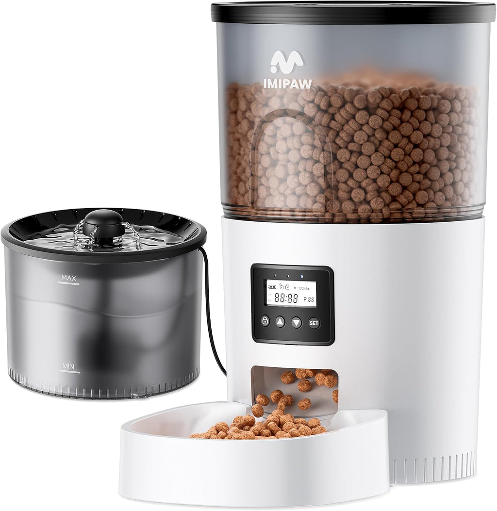 Automatic Cat Feeder and Water Fountain, Timed Dry Food Dispenser, Programmable Portion Control, 1-6 Meals Per Day