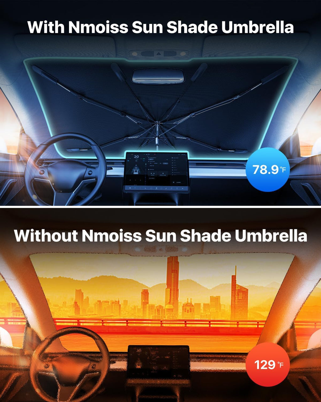 [Upgraded] Nmoiss Windshield Sun Shade Umbrella - [Vinyl Coating Heat Shield] Protect Car from Sun Rays & Heat Damage