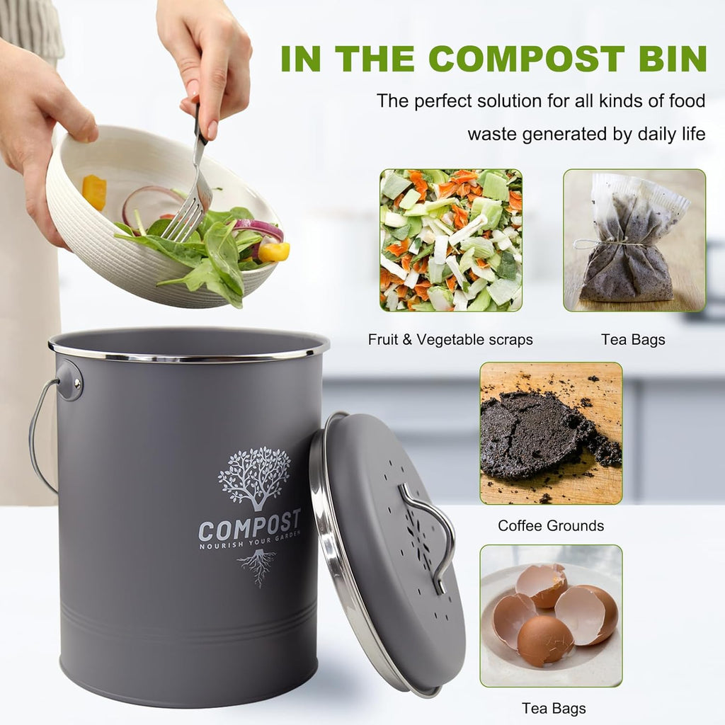 Kitchen Countertop Compost Bin, Odor Resistant Indoor Compost Bin with Lid and Charcoal Filter, Rust Resistant Coated