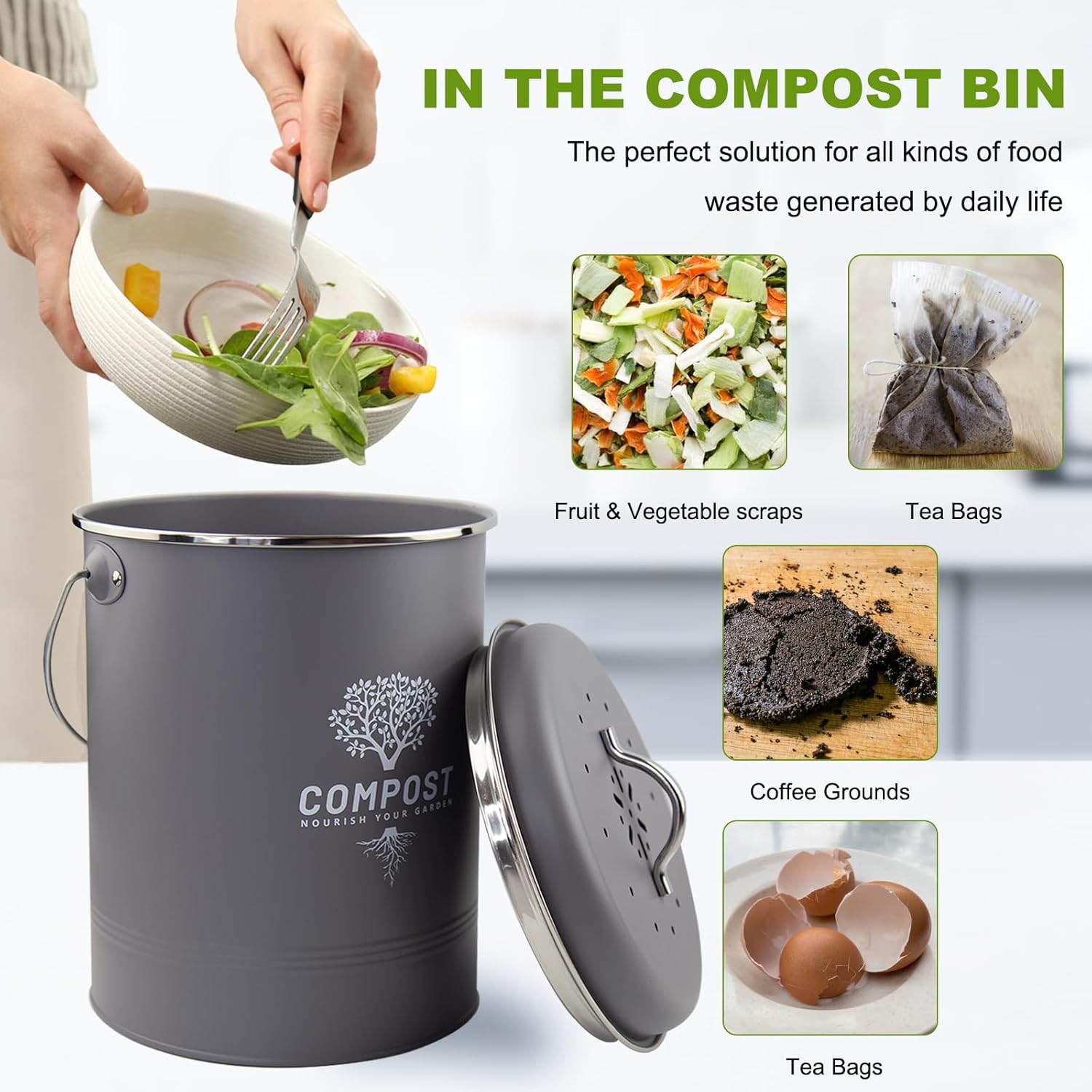 Kitchen Countertop Compost Bin, Odor Resistant Indoor Compost Bin with Lid and Charcoal Filter, Rust Resistant Coated