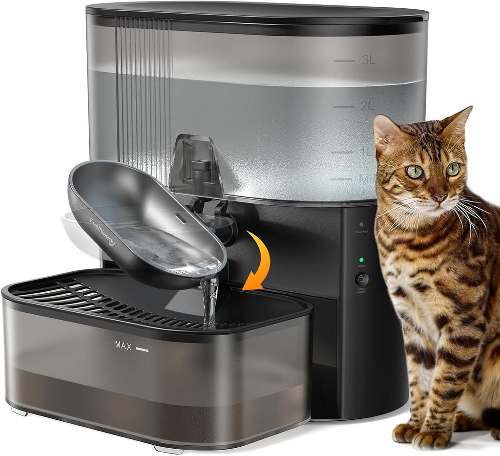 Wireless Cat Water Fountain No Filters, Wastewater Separation, FEELNEEDY Stainless Steel Bowl, 3.5L Pet Water