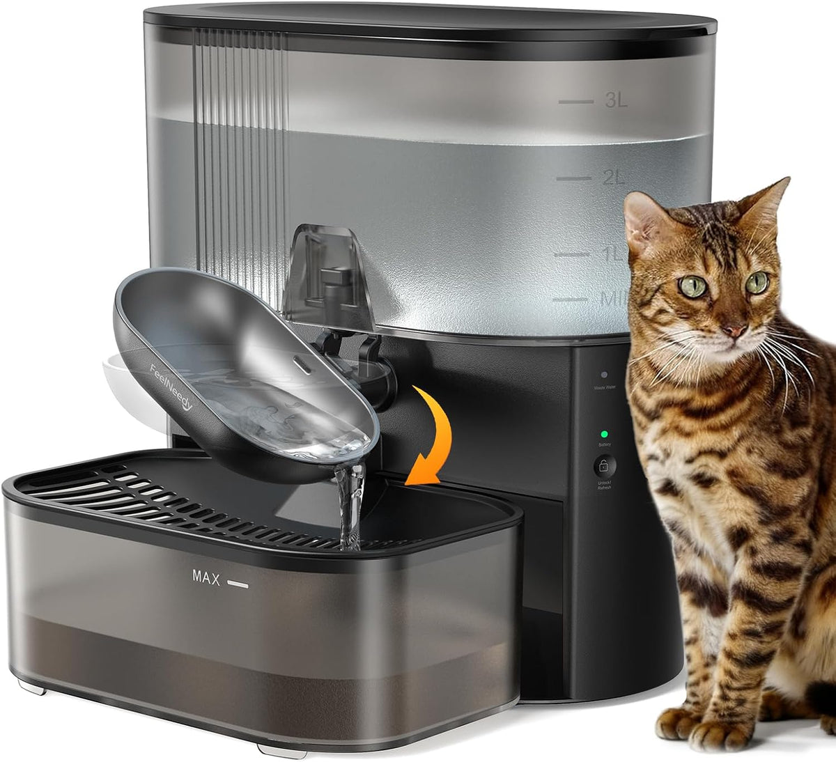 Wireless Cat Water Fountain No Filters, Wastewater Separation, FEELNEEDY Stainless Steel Bowl, 3.5L Pet Water