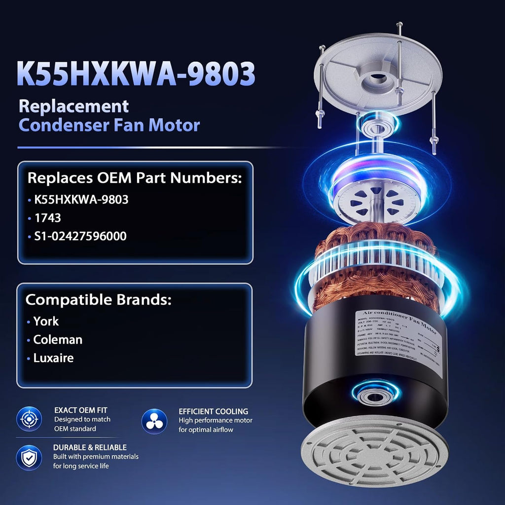 K55HXKWA-9803 Condenser Fan Motor Replacement for York Coleman Luxaire, Compatible with 1743 S1-02427596000 S1-02427596700 024-27596-000, 1/4 HP 208-230V 850RPM 48Y Frame 8uF Capacitor