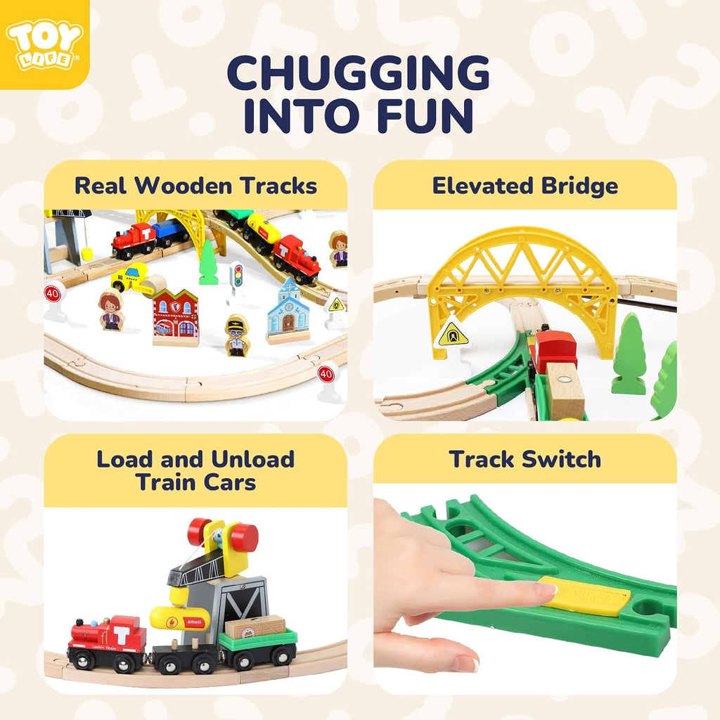 Wooden Train Set with Crane, 60-Pc Track, Boys 3-8 | Magnetic Snap-Together, Fits Thomas Brio Chuggington, Fine-Motor