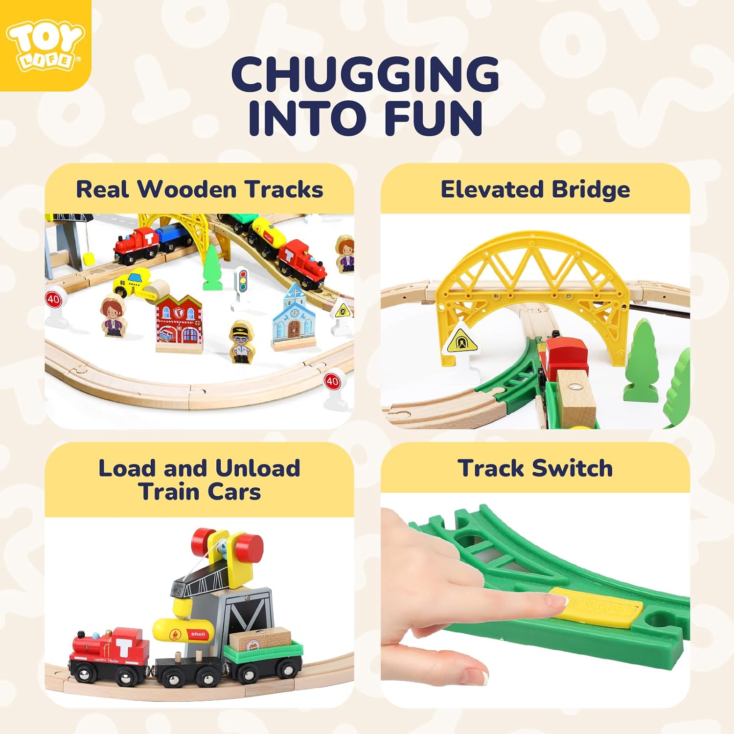Wooden Train Set with Crane, 60-Pc Track, Boys 3-8 | Magnetic Snap-Together, Fits Thomas Brio Chuggington, Fine-Motor