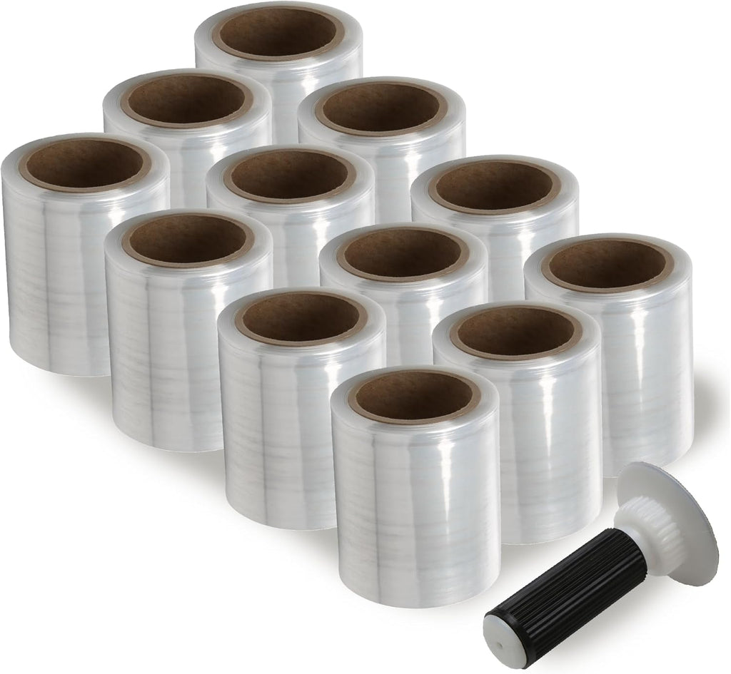 5" x 1,000 ft Clear Hand Stretch Wrap with Reusable Handle Included - 12 Rolls | Standard-Duty Film for Pallet
