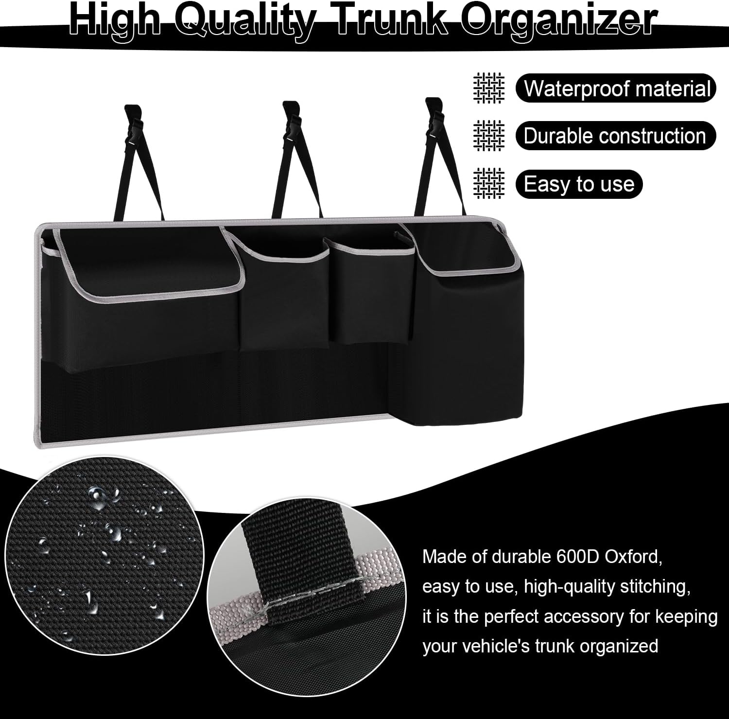 Trunk Hanging Organizer, Backseat Bag, Car Interior Accessories with 4 Pockets & 2 Mesh Pouches for Groceries, Will