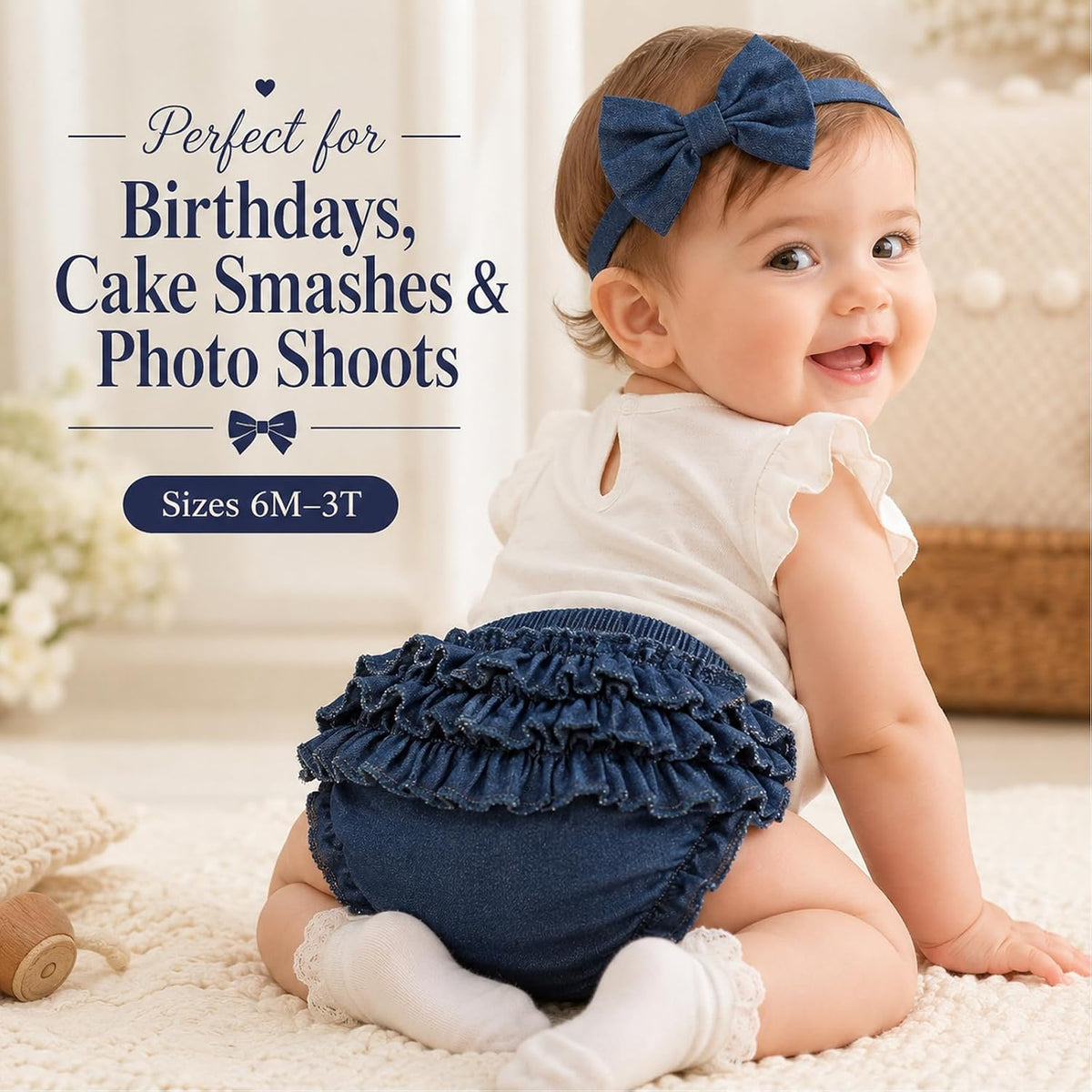 Baby Girl Denim Bloomers Ruffle Diaper Cover Shorts Headband 6M-3T