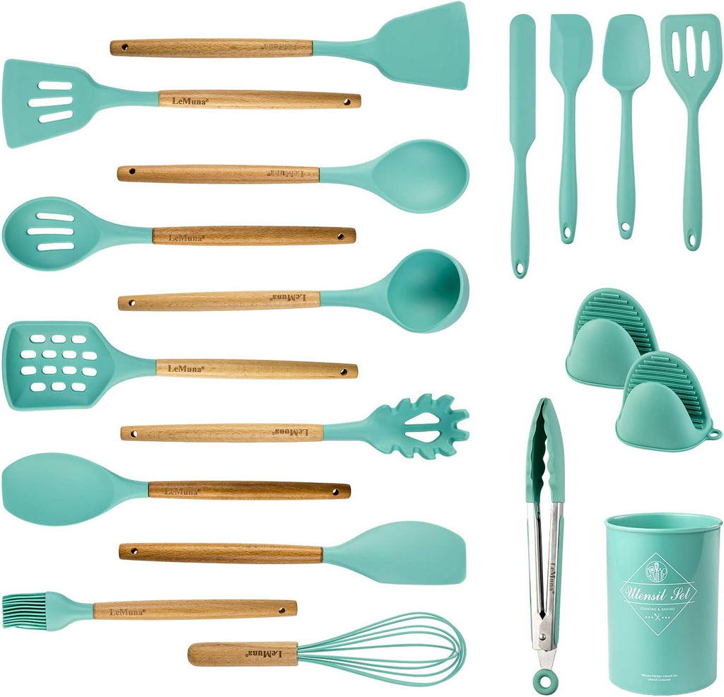 Cooking Utensils Set, 18pcs Kitchen Silicone Utensils, Heat Resistant Non Toxic & BPA-Free with Holder & Wooden
