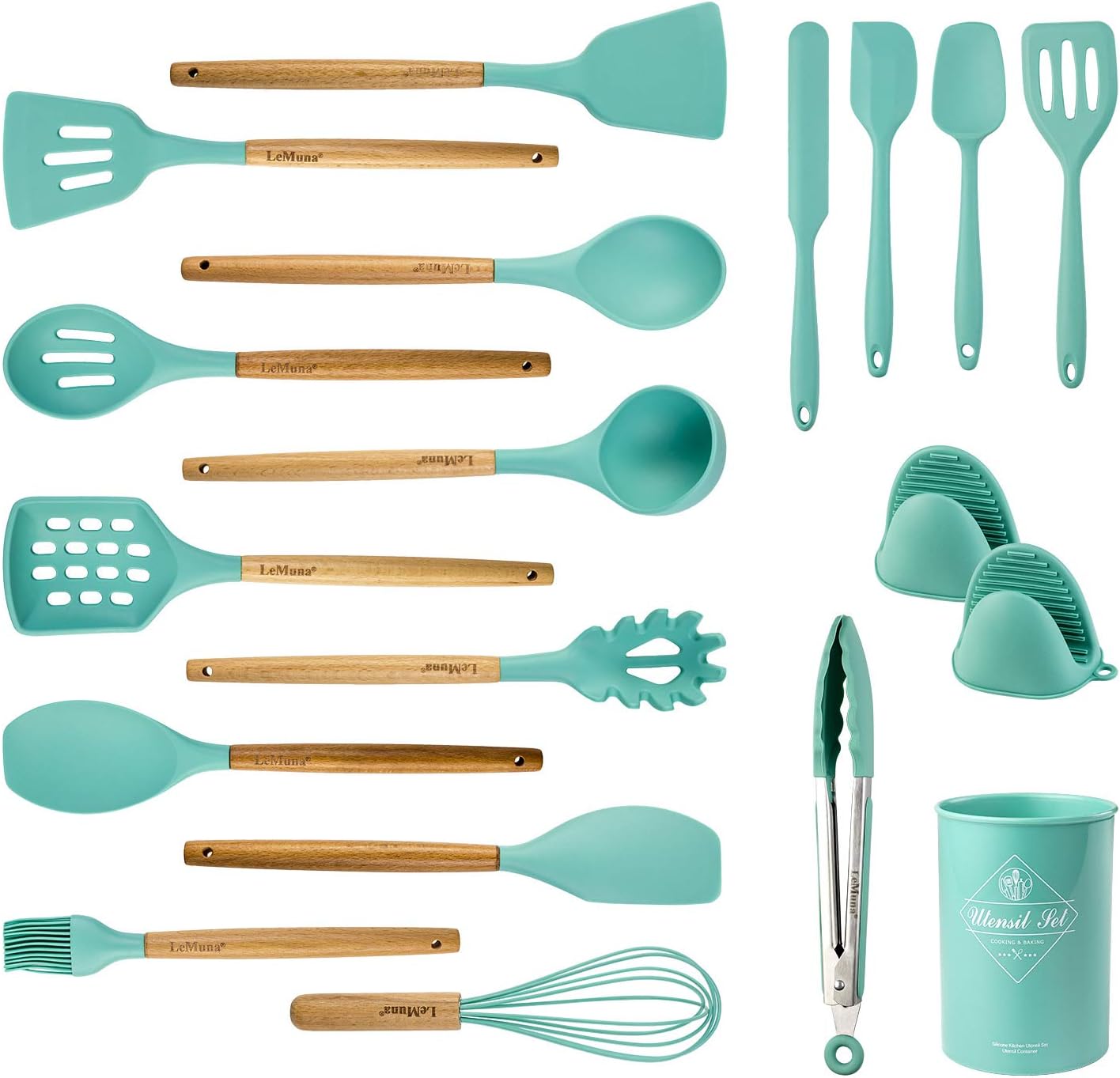 Cooking Utensils Set, 18pcs Kitchen Silicone Utensils, Heat Resistant Non Toxic & BPA-Free with Holder & Wooden