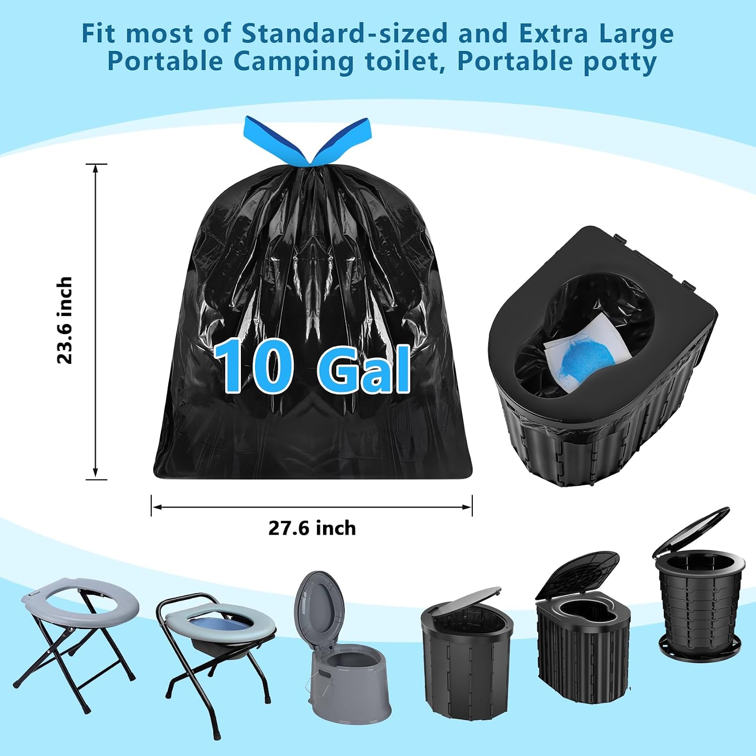 Portable Toilet Bags Poo Waste Gel Set, 30 Count 10 Gal Camping Toilet bags with drawstring and 30 Pack 0.53 Oz each
