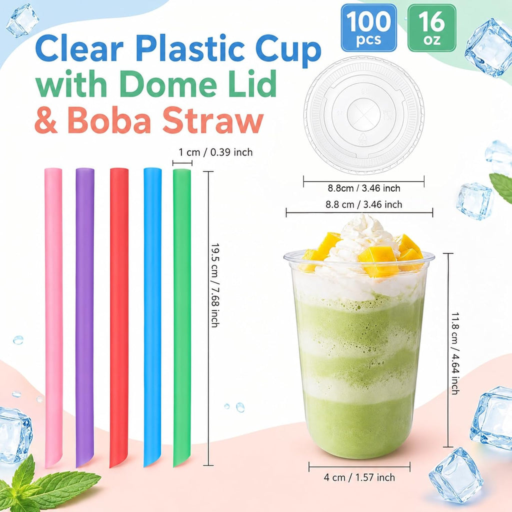 100 Sets 16oz Clear Plastic Cups with Lids & Colorful Boba Straws