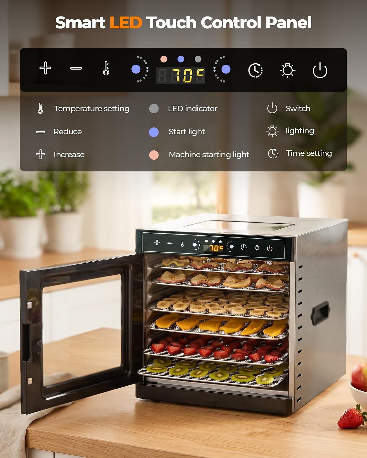 Food Dehydrator Machine 700W Upgrated Drying with 8 Trays, 212°F & 24H Timer, Visual Window, Food Dryer with