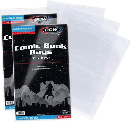 Thick Current/Modern Comic Bags - 200 ct | Acid-Free Modern Comic Bags for Current Issues | Exterior 7 x 10 ½ inches