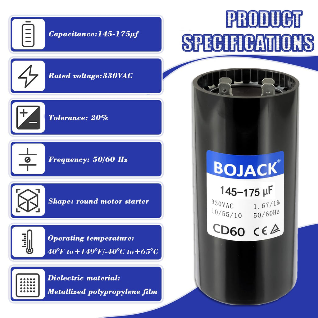 BOJACK 145-175uf/MFD 330VAC±20% 50/60Hz CD60 Universal Start Capacitor