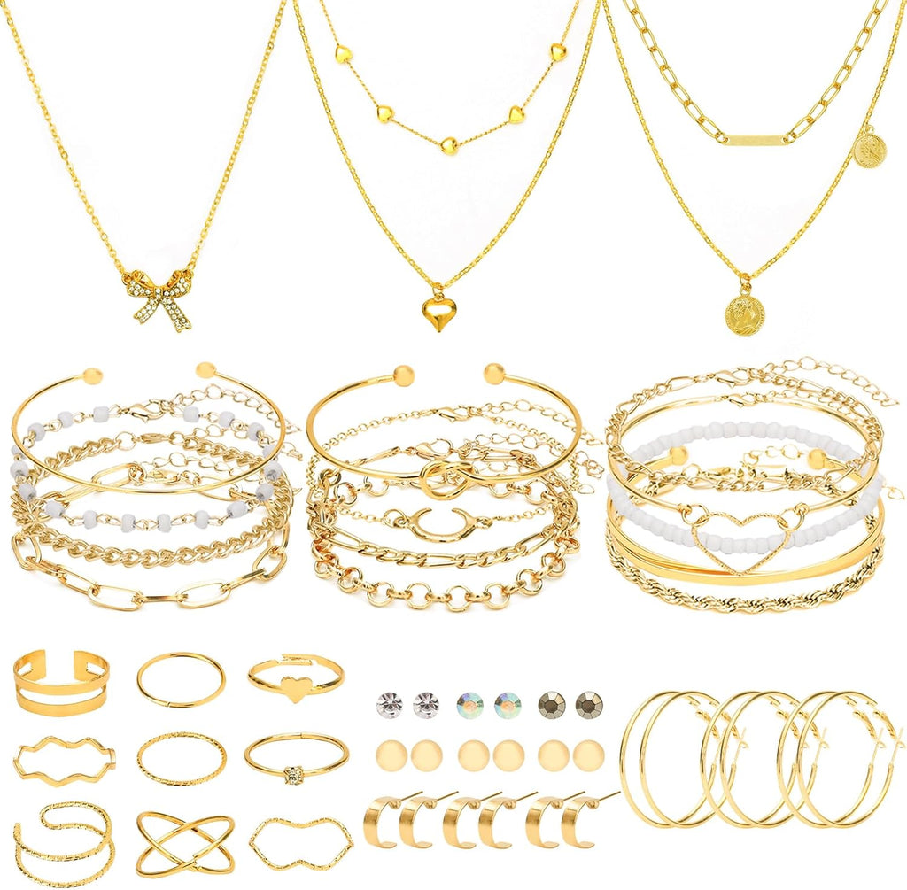 49 Pieces Gold Jewelry Set for Women Fashion Costume Jewelry Gold Plated Necklace Bracelet Ring Earrings Set for Women