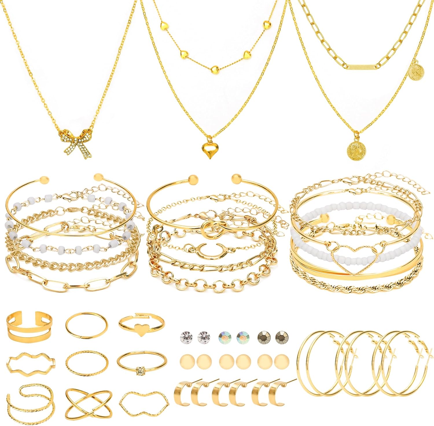 49 Pieces Gold Jewelry Set for Women Fashion Costume Jewelry Gold Plated Necklace Bracelet Ring Earrings Set for Women
