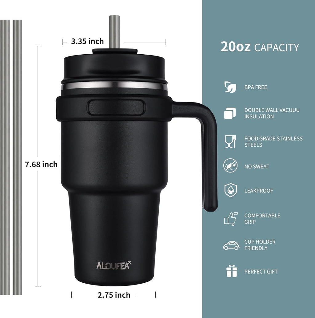 20 oz Insulated Travel Coffee Mug Tumbler with Handle and Straw | Leakproof Stainless Steel Coffee Cup with Lid