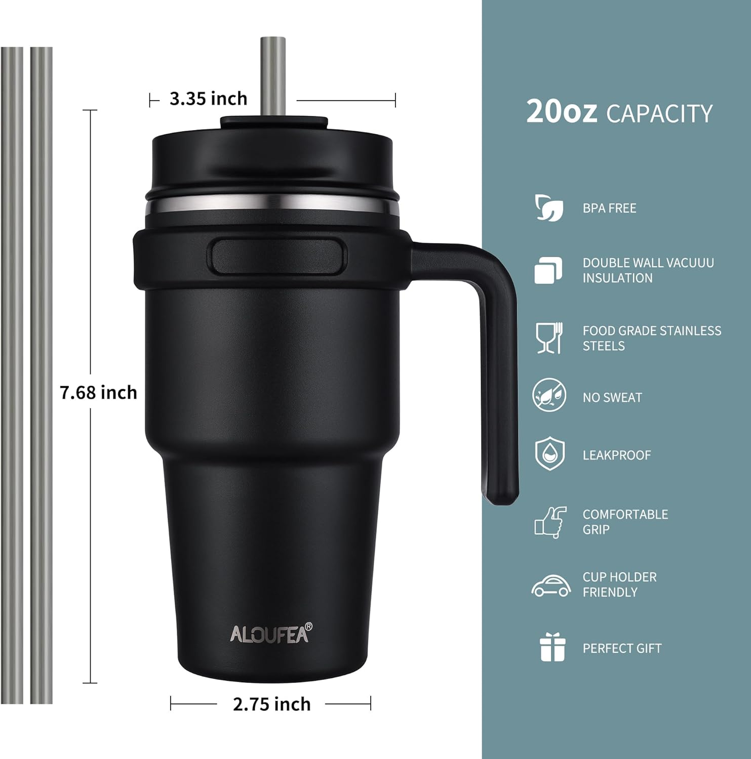 20 oz Insulated Travel Coffee Mug Tumbler with Handle and Straw | Leakproof Stainless Steel Coffee Cup with Lid