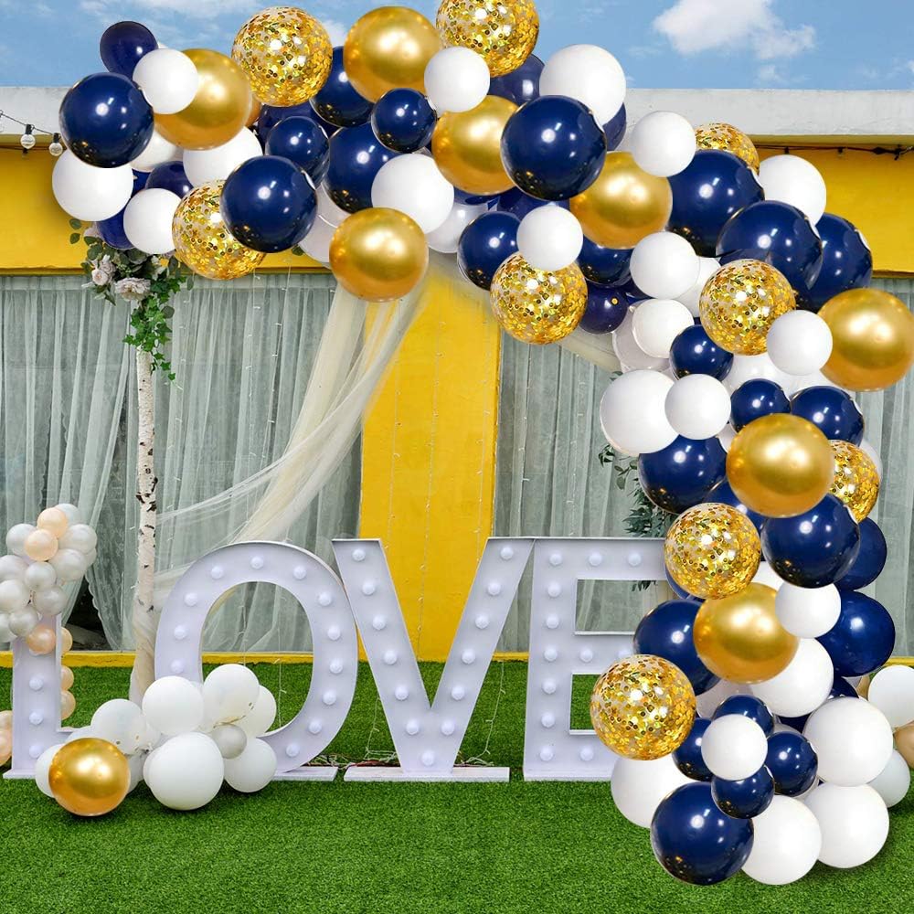 Navy Blue Gold Balloons Garland Kit, 120 pcs Navy and Gold Confetti White Balloons Arch for Graduation Birthday Party
