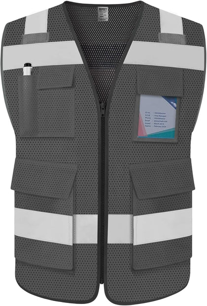 Mesh Safety Vest for Men 5 Pockets Hi Vis Reflective Vest, Grey L | Class 2 Hi Vis Vest for Construction Work with