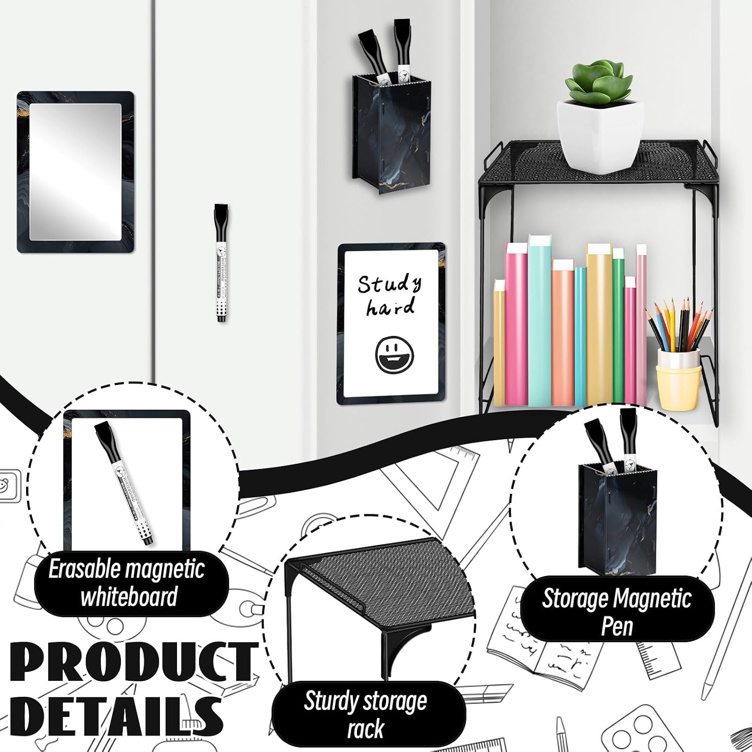 9 Pcs Locker Accessories Kit Black Locker Organizer Magnetic Whiteboard Mirror Pen Holder Pen for Storage Organizing