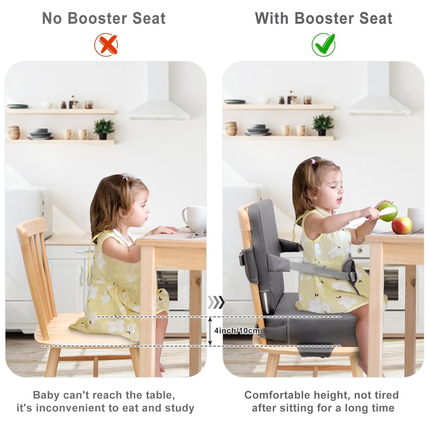 Toddler Booster Seat for Dining Table, Non-Slip Kitchen Chair Booster Seat with Backrest and Adjustable Straps