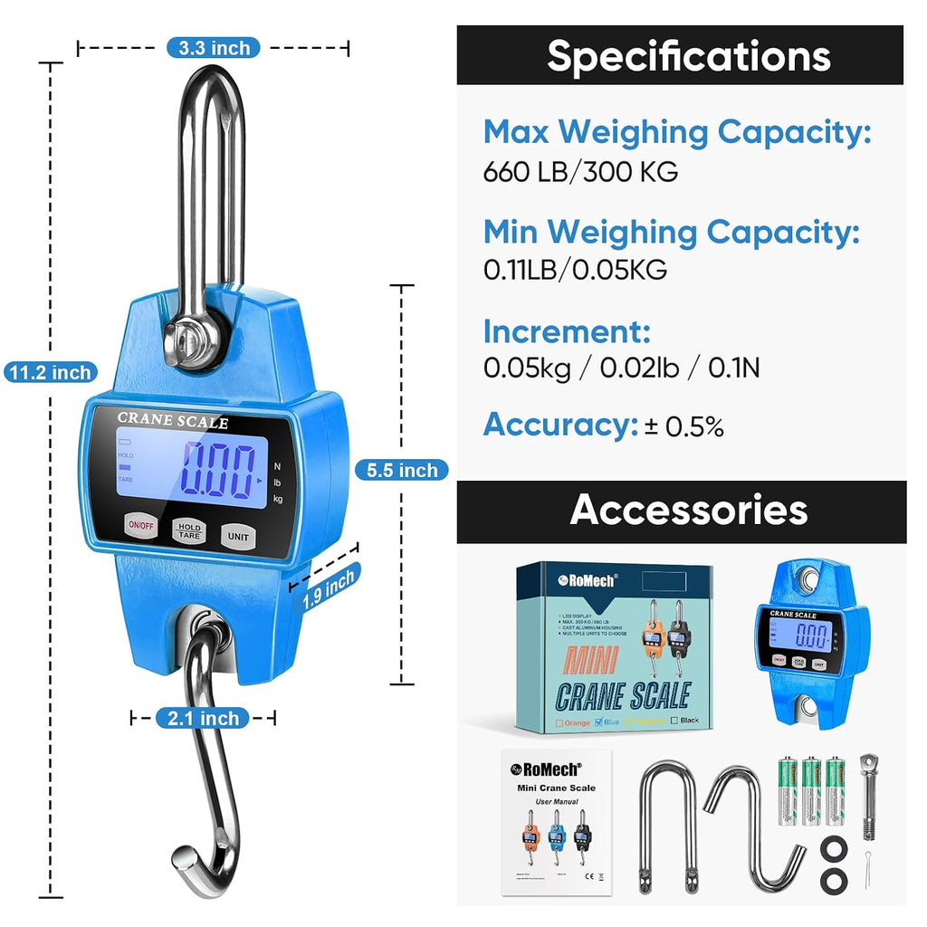 660lb Digital Hanging Scale, Aluminum Crane Scale with Hooks