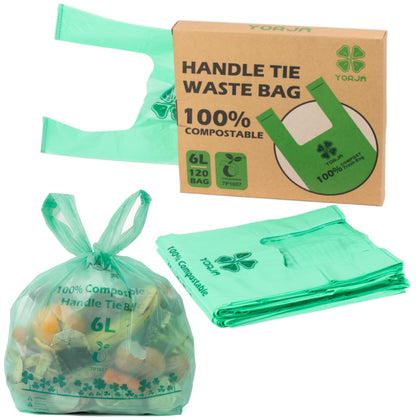 1.6 Gallon Tie Handles Compost Trash Bags 120 Food Scrap Bags, Compostable Kitchen Waste Bags with Europe EN13432 &