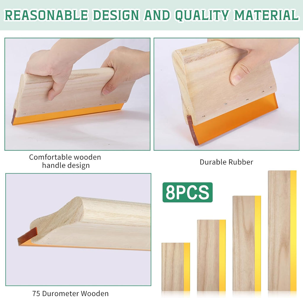 8 Pcs 4 Sizes Screen Printing Squeegee 75 Durometer Wooden Ink Scraper Rubber Art Squeegee Silk Stencil Printing