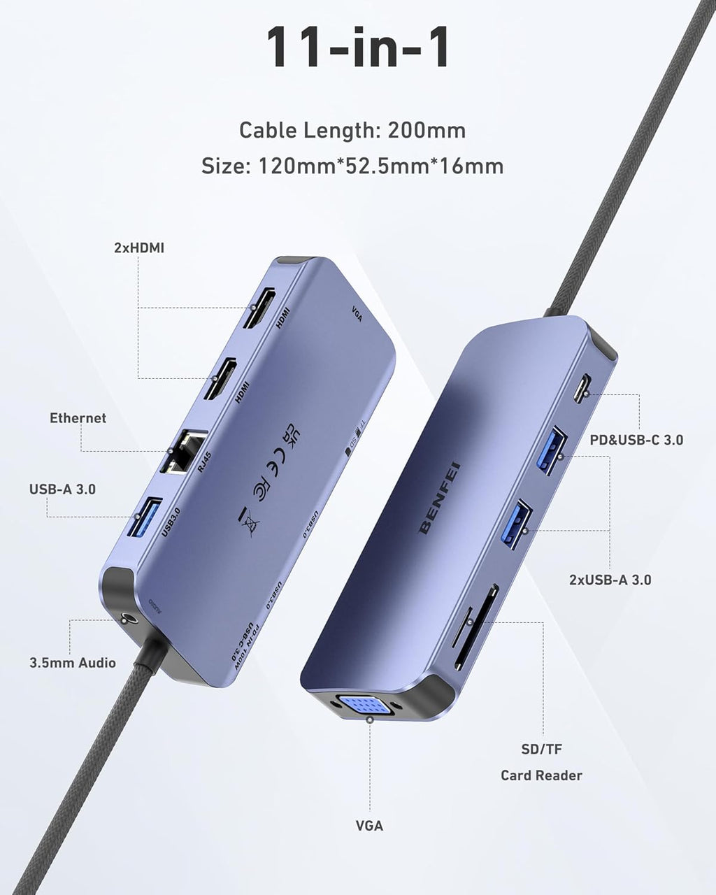 11-in-1 USB C Hub Triple Display Docking Station Dual HDMI, VGA, 3*USB 3.0, 1Gbps Ethernet, 100W Power Delivery