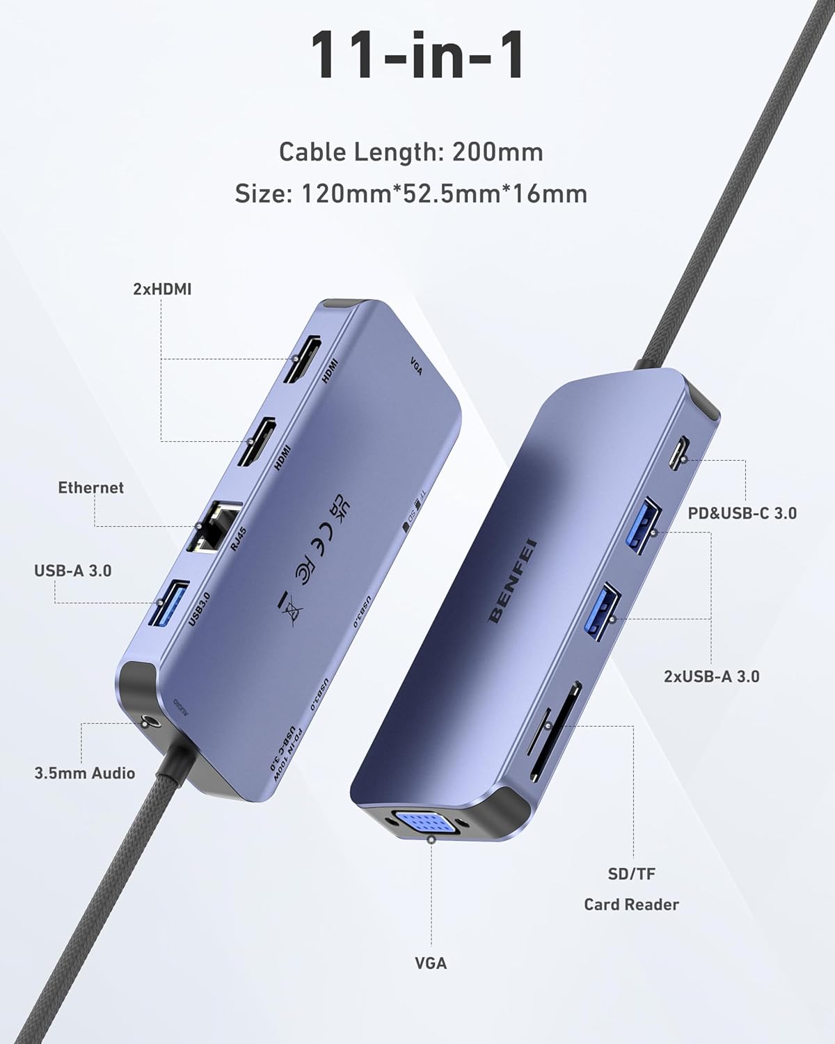 11-in-1 USB C Hub Triple Display Docking Station Dual HDMI, VGA, 3*USB 3.0, 1Gbps Ethernet, 100W Power Delivery