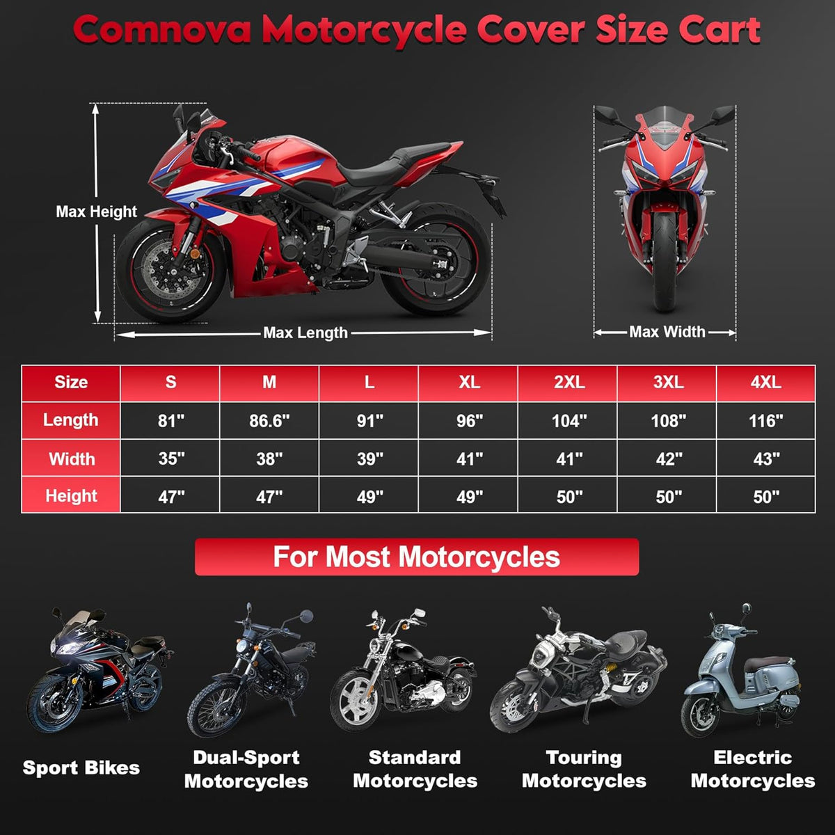 Comnova Motorcycle Cover 96 Inch - 600D Outdoor Motorbike Cover Waterproof with Lock Hole, Universal Fit for Harley