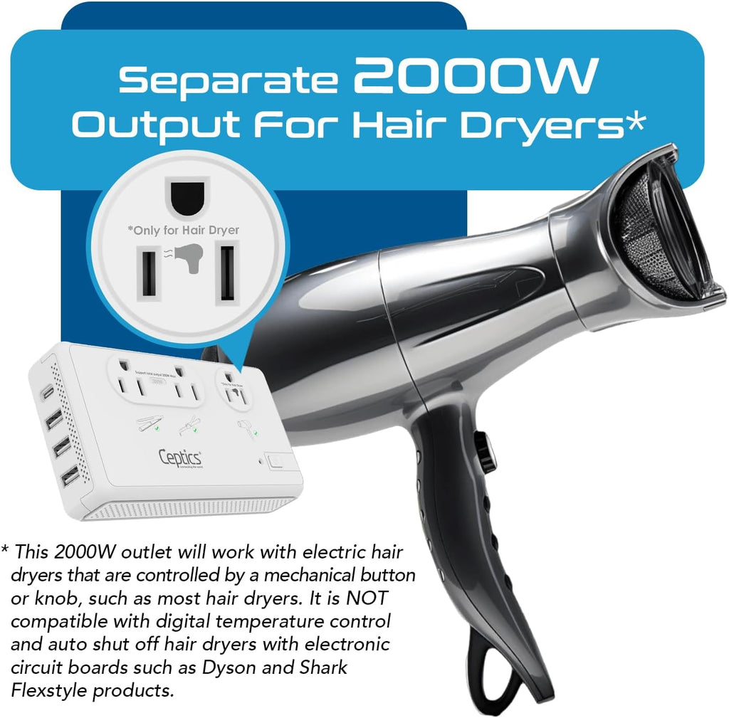 2000W Travel Voltage Converter for Hair Dryer & 200W Convert 220V to 110V for Curling Iron, Straightener, Chargers
