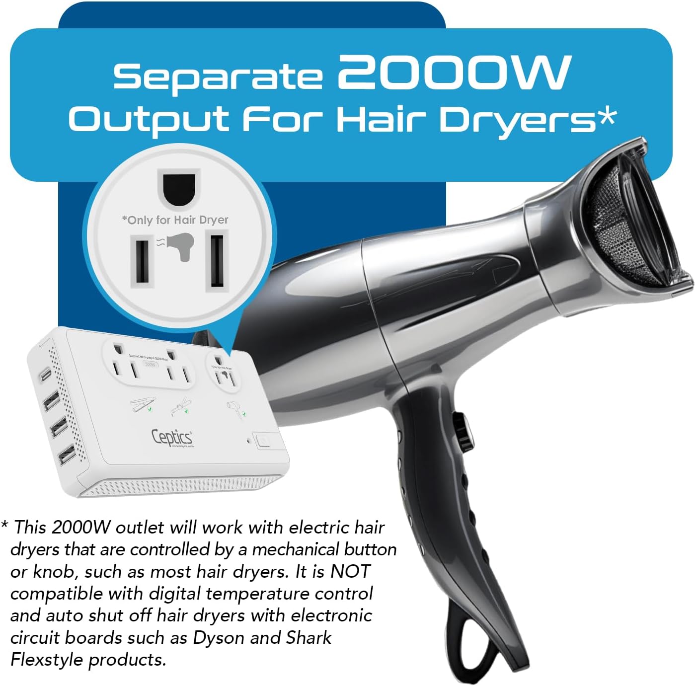 2000W Travel Voltage Converter for Hair Dryer & 200W Convert 220V to 110V for Curling Iron, Straightener, Chargers