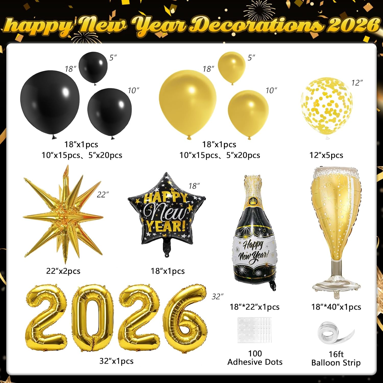 New Years Decorations 2026, New Year Balloon Arch with Black Gold Confetti 2026 Balloons for Eve Party Supplies Nye