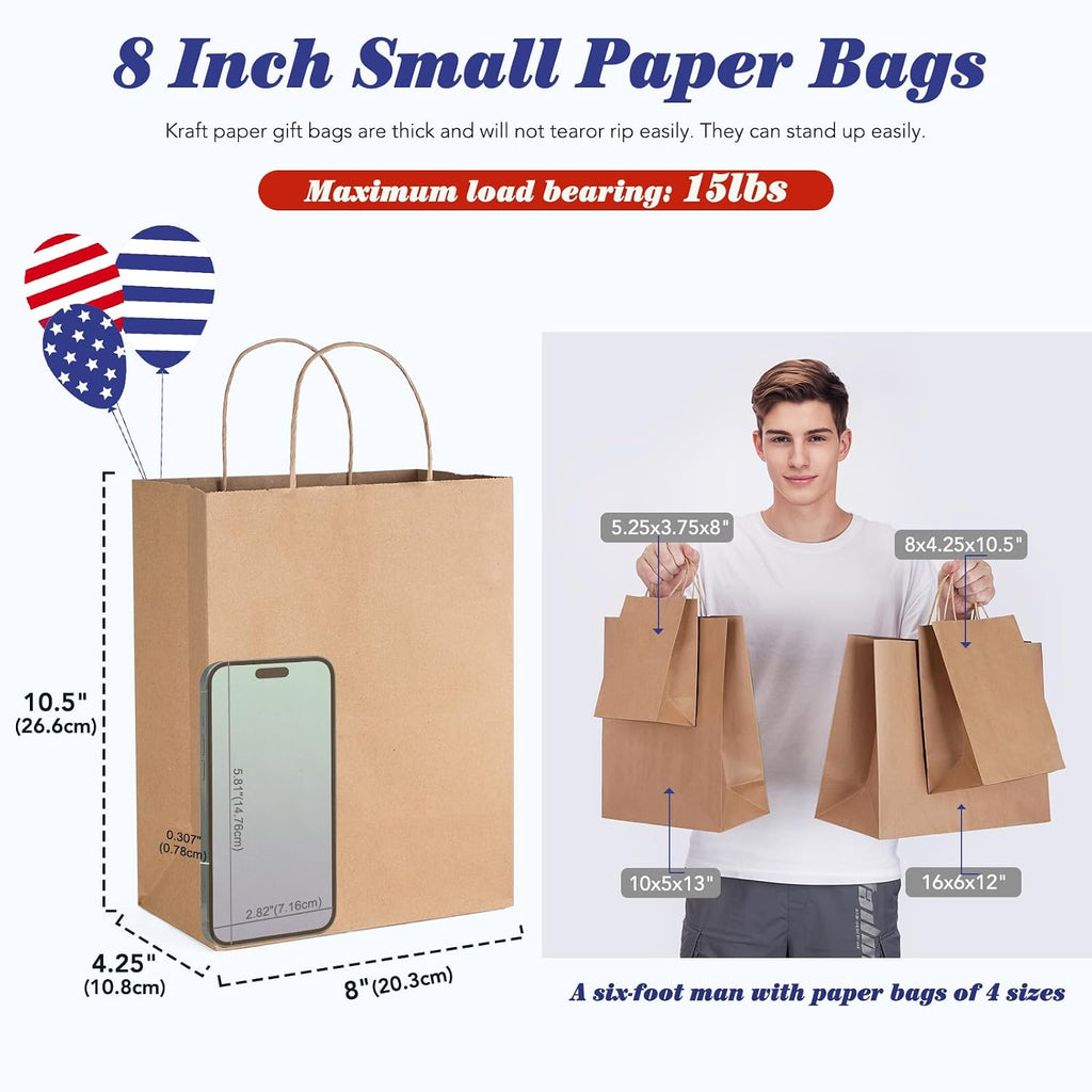 Medium Brown Kraft Paper Bags with Handles, 8x4.25x10.5, 100 Pack